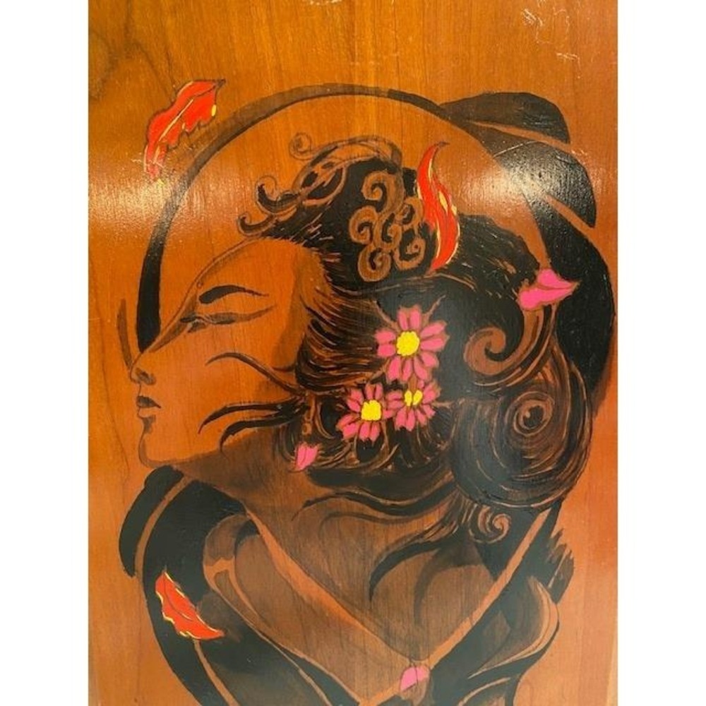 Vintage Hand Painted Wood Plaque Portrait Woman Flowers Mid Century Wall Art